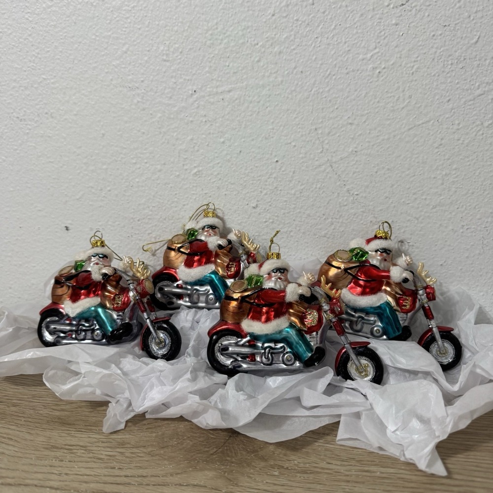 Peschka Rider Biker Santa Claus Glass Christmas Ornament Set‎ Of 4 Vintage